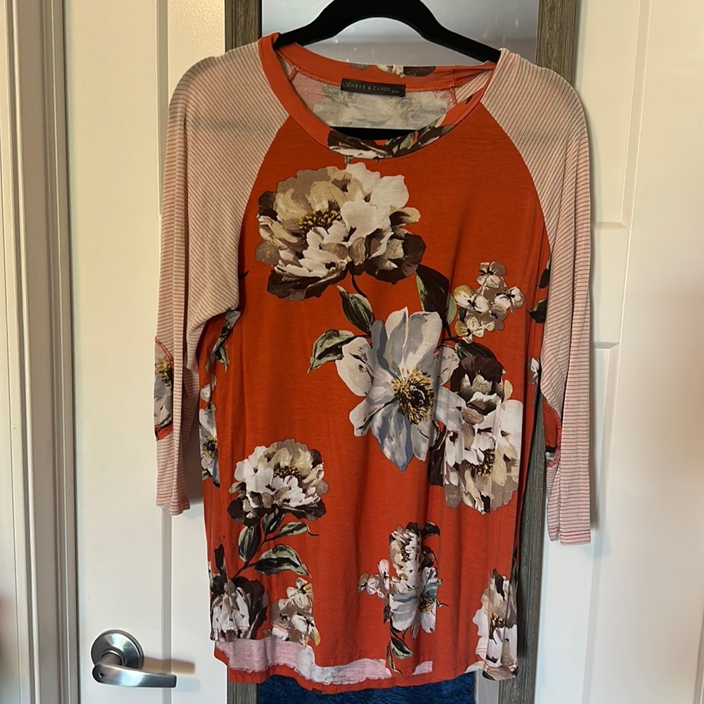 Chris & Carol orange and floral with stripes 3/4 sleeve top size 1X!
